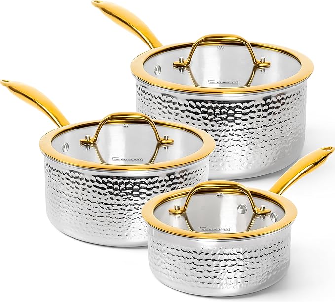 Michelangelo Triply Stainless Steel Saucepan Set, Luxury Hammered Stainless Steel Sauce Pans with Golden Handle, Premium Sauce Pot Set, Induction Compatible