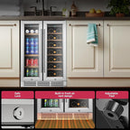 24" Wine and Beverage Refrigerator, Dual Zone Wine Cooler with Glass Door, Hold 88 Cans and 21 Bottles, Built in or Freestanding Under Counter Wine Fridge with Blue LED Light.