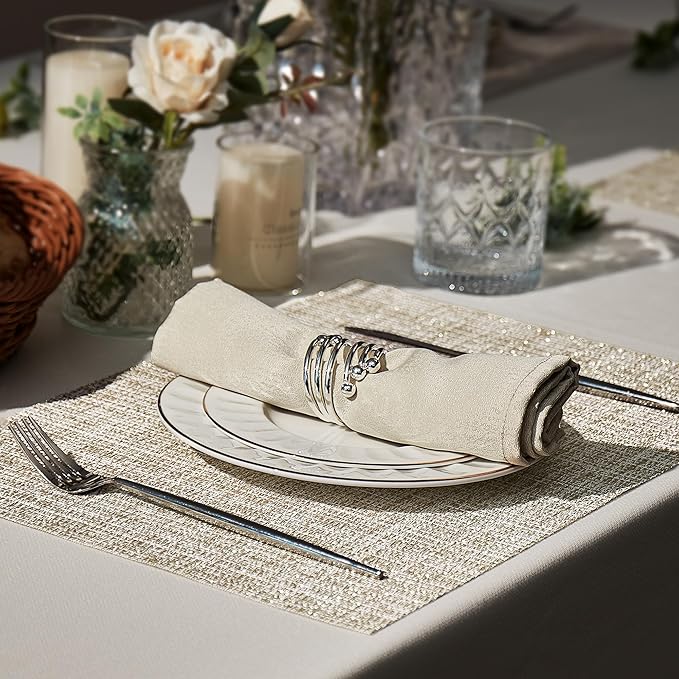 Leetaltree Luxury Beige and Gold Woven Placemats Set of 4 - Waterproof Washable Textured Table Mats for Wedding, Anniversary, Daily Use - Sparkling Metallic Thread Table Decor - Hand-Cut