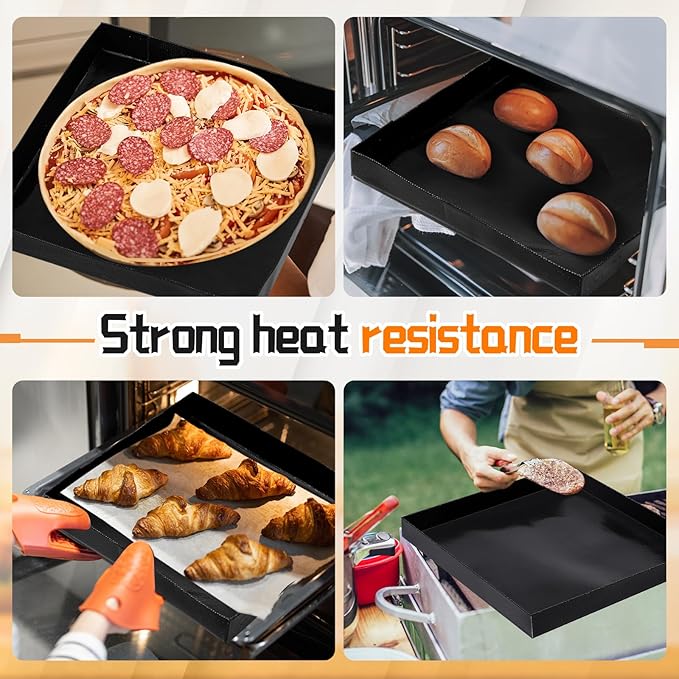 Teenyyou 4 Pcs 11 x 11 x 1 Inch Non-stick Ptfe Oven Trays Reusable Solid Baking Basket Easy Clean Heat Resistant Black Quick Oven Accessories for Heating Chips Chicken Snacks in Restaurant Kitchens