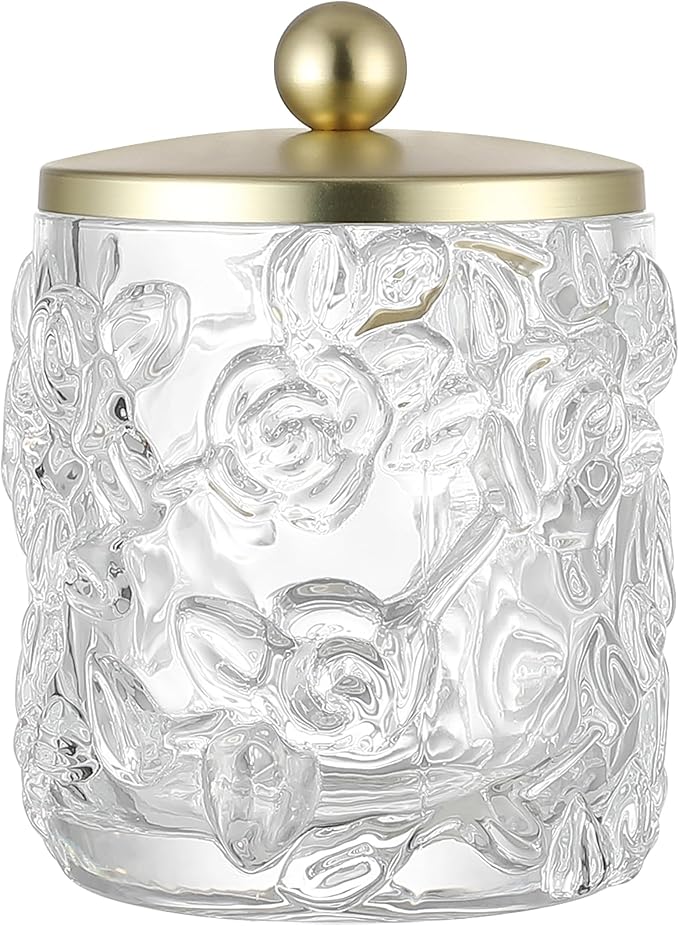 Clear Transparent Apothecary Floral Embossed Glass Jar With Gold Metal Lid Cover for Bathroom Organization, Cotton Balls, Q Tips, and Small Accessories, Bathroom Storage