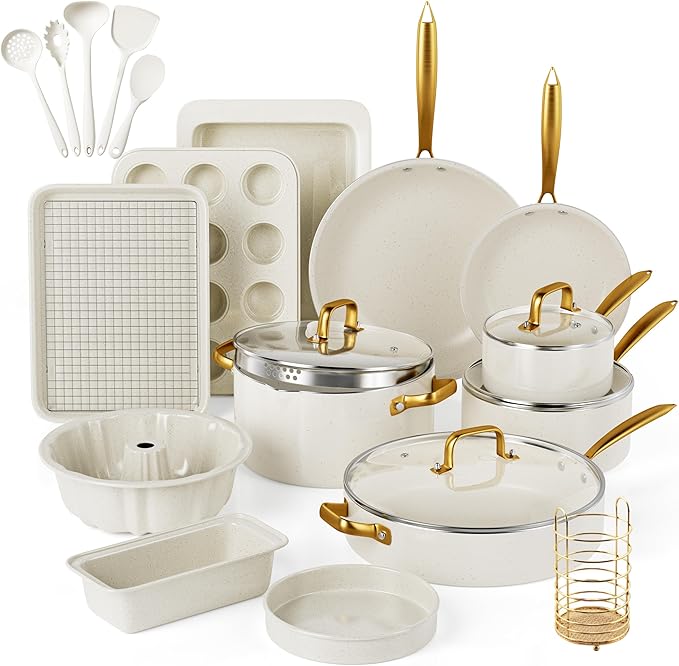 Pots and Pans Set Nonstick - Granite Cookware + Bakeware Set Kitchen Cookware Sets With Dutch Oven, Frying Pans, Saucepan, Sauté Pan, Silicone Utensils, Cookie Sheet, Baking Pan Set for Cooking Gifts
