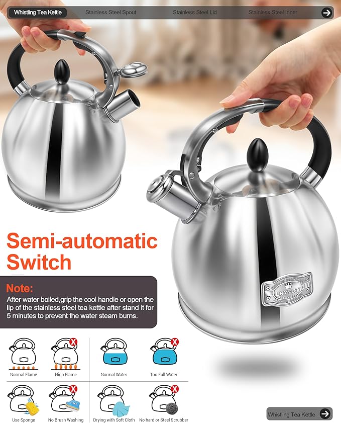 Whistling Tea Kettle for Stovetop, (2.64 Quart-Mirror） Food Grade Stainless Steel Teapot of 5-layer base