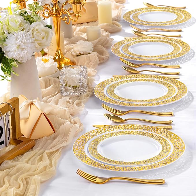 I00000 200 Pcs White and Gold Plastic Plates, Disposable Plastic Plates for 100 Guests Include: 100 Pcs Dinner Plate 10.25” and 100 Pcs Dessert Plate 7.5” Perfect for Party and Wedding