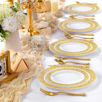 I00000 200 Pcs White and Gold Plastic Plates, Disposable Plastic Plates for 100 Guests Include: 100 Pcs Dinner Plate 10.25” and 100 Pcs Dessert Plate 7.5” Perfect for Party and Wedding