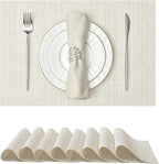 Leetaltree Luxury White and Silver Woven Placemats Set of 8 - Waterproof Washable Textured Table Mats for Wedding, Anniversary, Daily Use - Sparkling Metallic Thread Table Decor - Hand-Cut