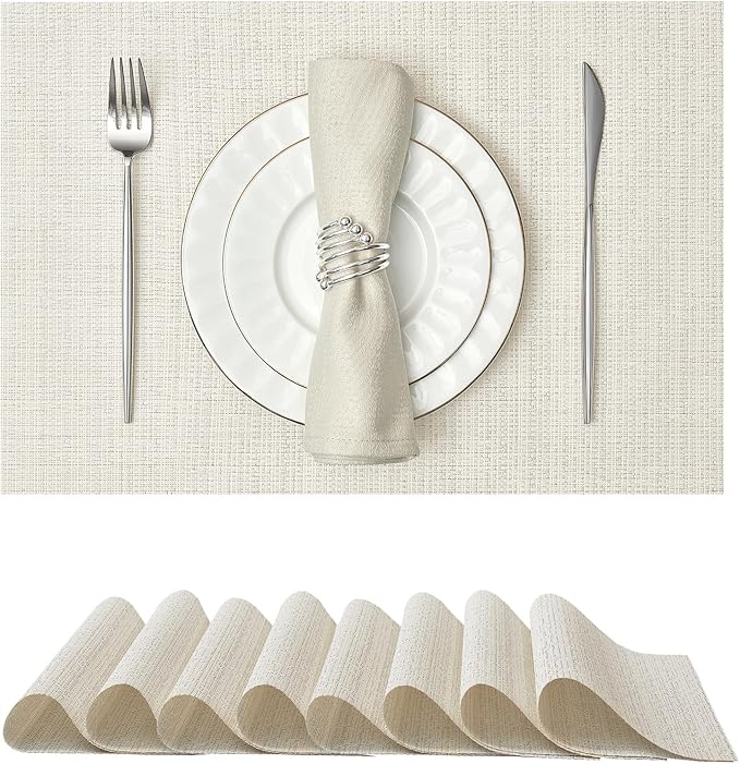 Leetaltree Luxury White and Silver Woven Placemats Set of 8 - Waterproof Washable Textured Table Mats for Wedding, Anniversary, Daily Use - Sparkling Metallic Thread Table Decor - Hand-Cut