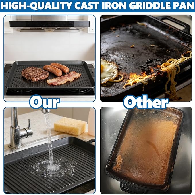 SafBbcue 19 x 11.5 Inch Cast Iron Griddle Pan - Versatile for Stovetop, Oven, Grill & Campfire, Features a Ridged Surface, Suitable for Kitchen and Outdoor Cooking, Pan Frying, Baking