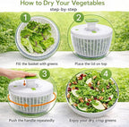 Brieftons QuickPush Salad Spinner: Large 6.3-Quart Vegetable Washer Dryer Strainer Drainer, Easy One-Handed Handle & Brake, Fast Spin Cycles, Compact Storage, to Wash, Clean & Dry Vegetables, Fruits