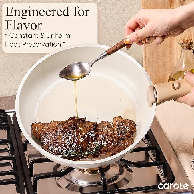 CAROTE Pots and Pans Set Non Stick, Cookware Sets, Kitchen Set, Oven/Dishwasher/Fridge Safe, Space Saving Pots Set, Nonstick Set with Versatile Detachable Handle, Induction RV Set, Cream