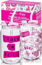 Dragon Glassware x Mean Girls - 16 oz Glass Cups with Lids and Straws, Set of 2 - Iced Coffee Cups with Lids - Versatile Glass Tumbler with Straw and Lid - That's So Fetch & Movie Quotes