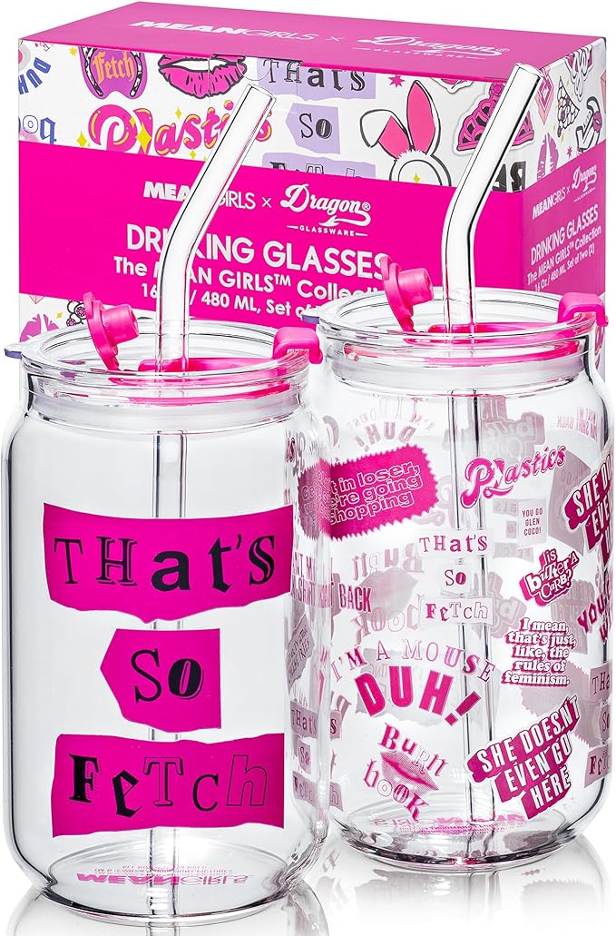 Dragon Glassware x Mean Girls - 16 oz Glass Cups with Lids and Straws, Set of 2 - Iced Coffee Cups with Lids - Versatile Glass Tumbler with Straw and Lid - That's So Fetch & Movie Quotes