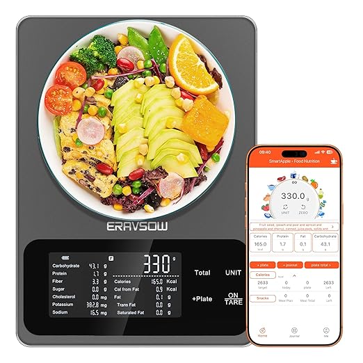 Smart Food Kitchen Scale with Nutritional Calculator, 30 Nutrients App for Tracking Calories, Fat, Carbs & Protein, Personal Goals and Daily Reports, On-Screen Nutrient Info, 22lb/10Kg