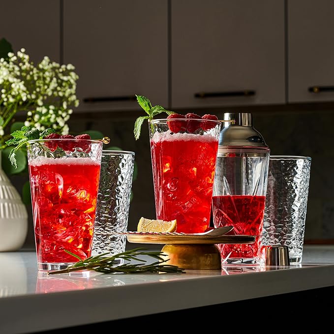 Set of 10 Hammered Glass Cups, 16oz. Dishwasher Safe Cocktail Drinking Glasses - Clear Heavy Base Stemmed Water Glasses, Tall Beer Glasses, Bar Glass, Juice, Iced Tea, Margarita, & Everyday Drinks.