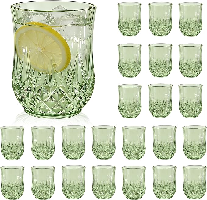 24 Pack Plastic Stemless Wine Glasses,12oz Unbreakable Vintage Elegant Drinking Glass Set,Reusable Fancy Cocktail Cups for Party, Wedding, and Bulk Events (24, 12oz-Sage Green)