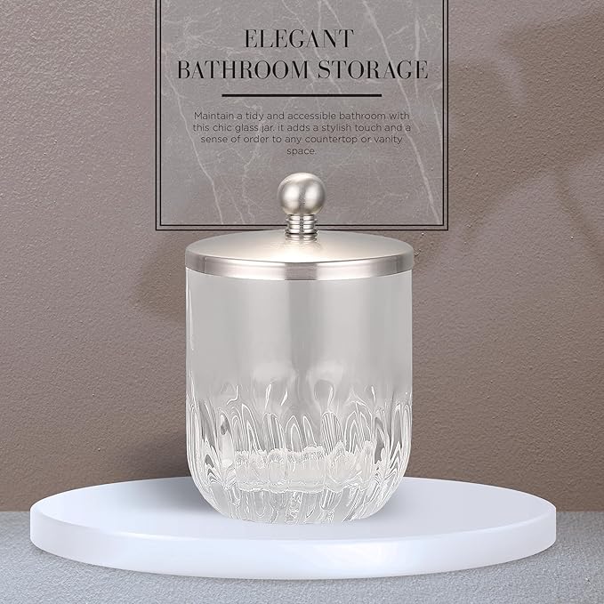 Glass Jar with Metal Lid for Bathroom Organization, Clear Apothecary Jar for Cotton Balls, Q Tips, and Small Accessories, Stylish Bathroom Storage Container Nickel