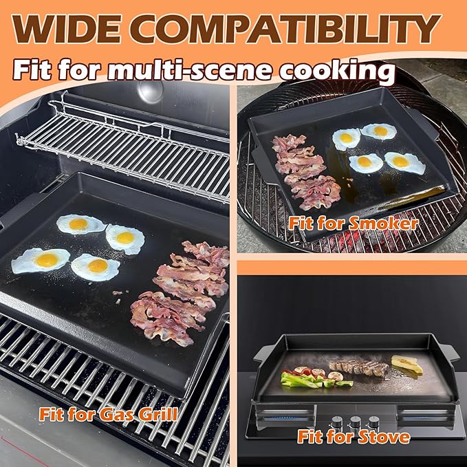 Universal Cast Iron Griddle 18.6" x 14", Pre-Seasoned Nonstick Flat Top Grill Griddle Plate for Outdoor Gas Grill/Charcoal Grill/Stove Top with Extra High Sidewall & Grease Groove, for Camping