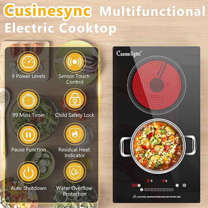 2 Burner Electric Cooktop, 12 Inch Electric Stove Top with 9 Power Levels, Touch Control, Timer, Child Lock and Residual Heat Warning, Ideal for Countertop & Built-In Use (110-120V)