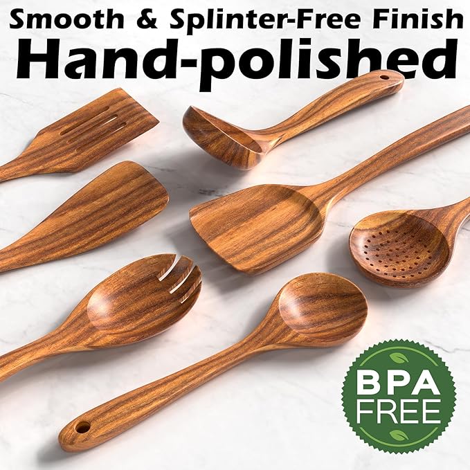 Natural Teak Kitchen Cooking Utensil Set with Holder, Wooden Spoons for Cooking, 10PCS Cooking Spatulas Set with Spoon Rest, Wooden Utensil Set for Nonstick Cookware Sturdy & Lightweight