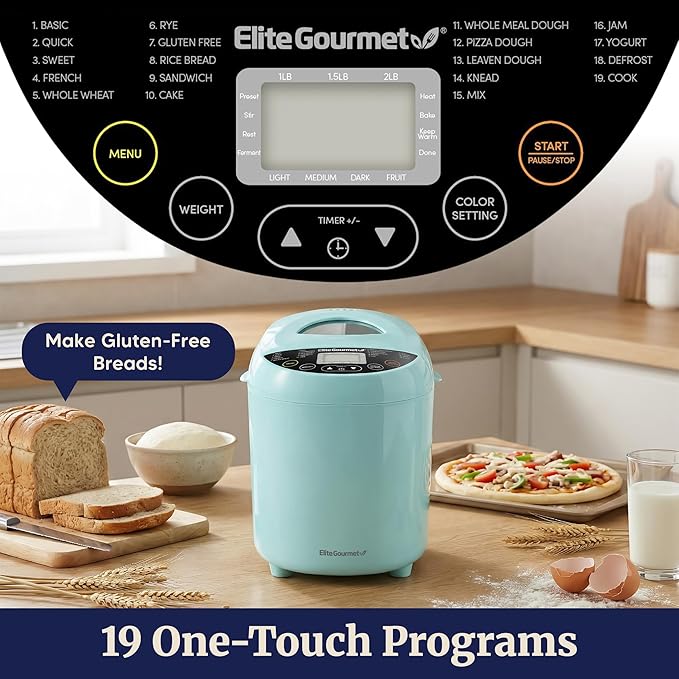Elite Gourmet Programmable Bread Maker, 2 lb Loaf, 3 Sizes, 19 Presets incl. Gluten-Free, Dough & Jam, Delay Timer, Mint