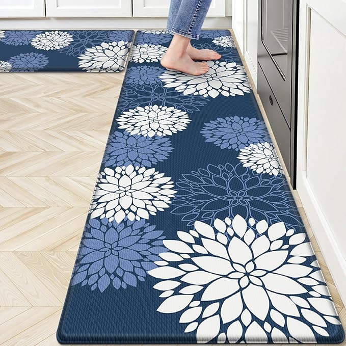 Kitchen Mats, 2PCS Non-Slip Cushioned Rugs, Anti-Fatigue Waterproof Floor Rug, Washable Standing Desk Mat, Home Laundry Office Apartment Decor and Accessories (17.3" ×70" +17.3" ×30"-Blue)