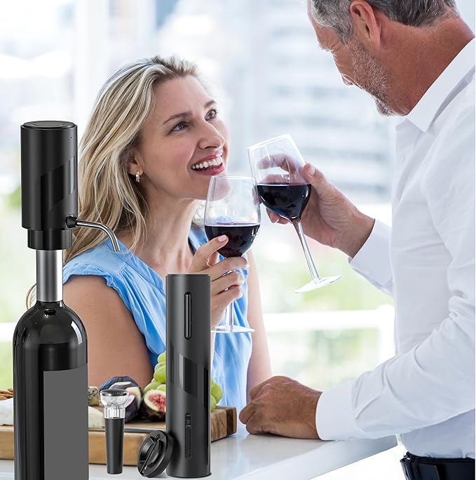 COKUNST Electric Wine Opener SetUSB Rechargeable Bottle Opener and Wine Decanter&Wine Aerator and PourerWine StopperFoil Cutter 4-in-1 Gift Set for Wine Lovers Home Kitchen Party Wedding Bar SGS-KD-7