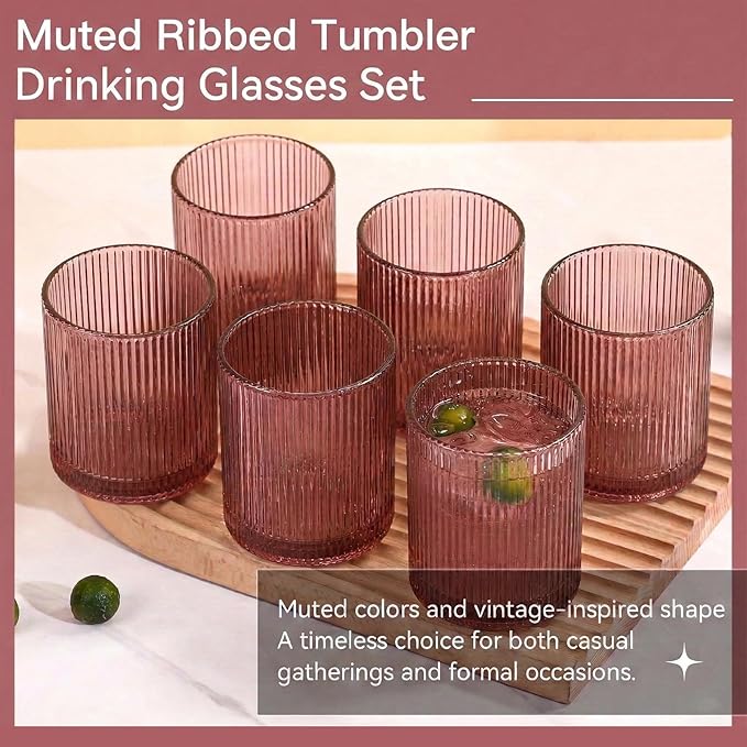Physkoa Rose Red Ribbed Drinking Glasses Set of 6 – 9oz Vintage Red Glassware, Embossed Ribbed Tumbler Cups for Juice, Cocktail, Water, Iced Coffee