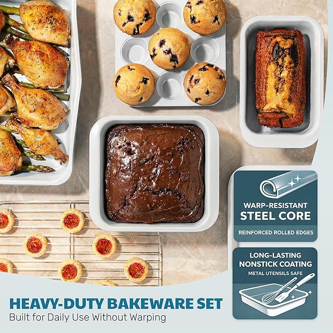Gotham Steel 6 Pc Stackable Baking Pans Set, 70% Space Saving Design, Ceramic Bakeware Sets Non Toxic Made Without PFOA PFOS, with Baking Sheet Tray, Cake & Muffin Pans, Oven & Dishwasher Safe