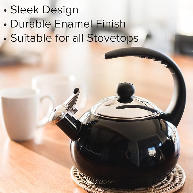Farberware Luna Water Kettle, Whistling Tea Pot, Works For All Stovetops, Porcelain Enamel on Carbon Steel, BPA-Free, Rust-Proof, Stay Cool Handle, 2.5qt (10 Cups) Capacity (Black)