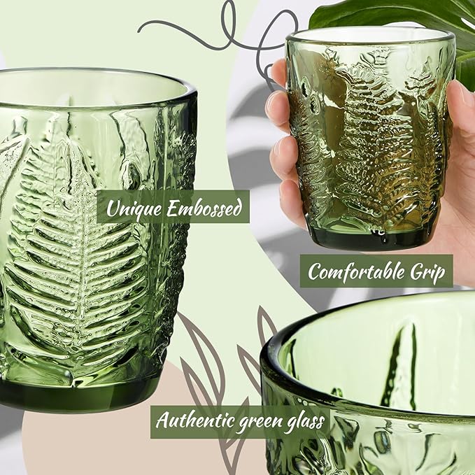 Reallnaive Green Drinking Glasses Set of 8, Boho Aesthetic Vintage Glassware Fern Carving Textured Tumbler Water Cups Embossed Pattern Drinkware Cocktail Glasses Set for Xmas Gifts(10 oz,Lowball)