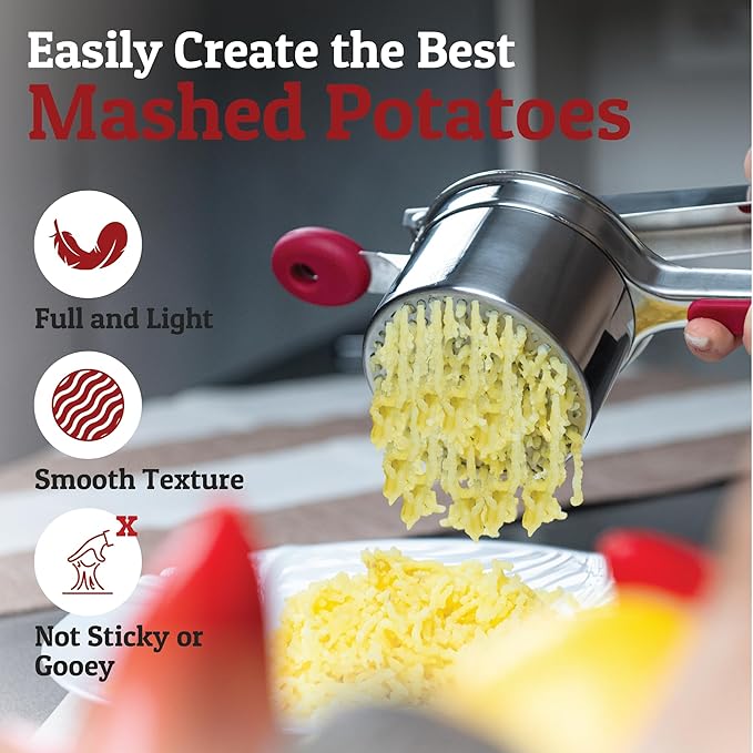 PriorityChef Large 15oz Potato Ricer, Heavy Duty Stainless Steel Potato Masher and Ricer Kitchen Tool, Press and Mash Kitchen Gadget For Perfect Mashed Potatoes - Everytime, Red
