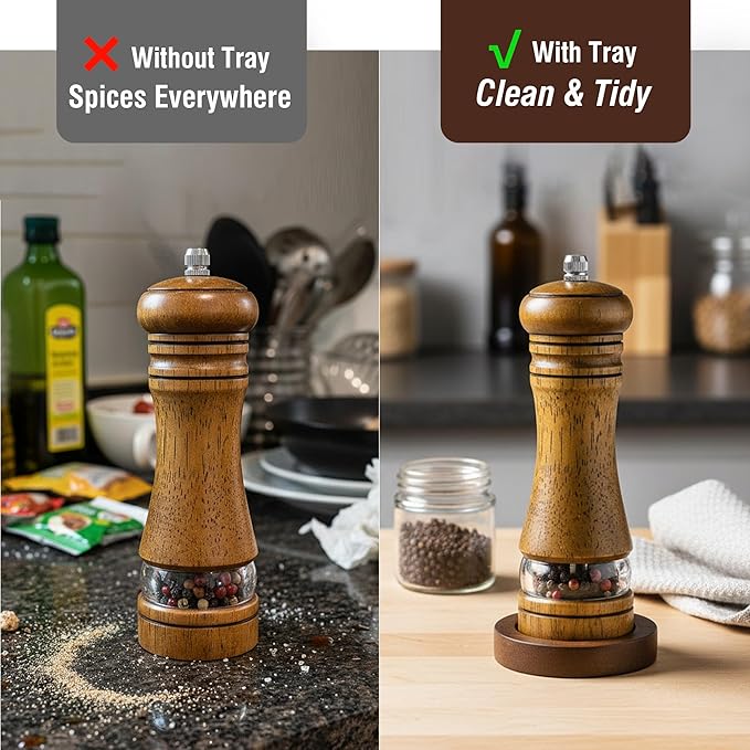 Wood Salt and Pepper Grinder, Salt Grinder and Pepper Mill, Oak Wood Shakers with Adjustable Ceramic Grinders (6″ - 1 Pack with Tray)