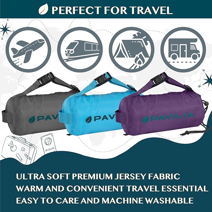 PAVILIA Travel Blanket Airplane Compact with Bag, Soft Packable Plane Blanket Kids Adults, Portable Camping Flight Essentials, Travelers Gifts Accessories, Luggage Backpack Strap, 65x40 Gray