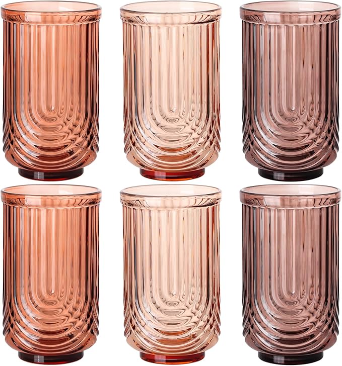 Venus Vintage Drinking Glasses Set of 6-17oz Hand-Blown Highball Ribbed Glassware, Arch Design Cocktail Glasses for Whiskey Water Beverages Ice Coffee Juice Milk