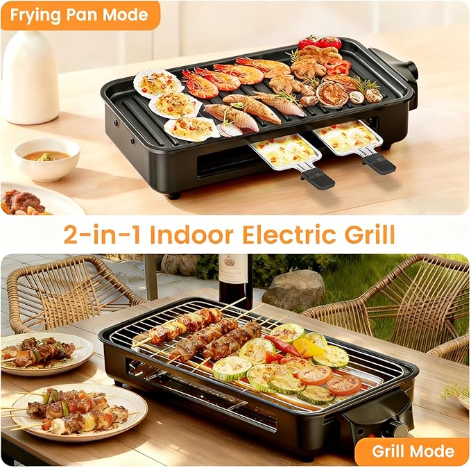 2 in 1 Electric Indoor Grill 1700W - YOHAWJAN Black Smokeless Indoor Grill Pan with Grilling Net & Non-Stick Removable Griddle Plate, Temperature Control Korean BBQ Grill for Kitchen with 3 Cheese Pan