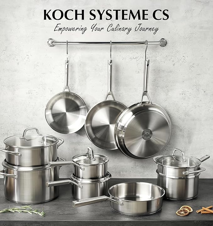 KOCH SYSTEME CS Stainless Steel Cookware Set 17 Piece, Professional 18/10 Stianless Steel Pots and Pans Set, 5-Layer Stainless Base, Oven Safe, Induction Ready, Non-Toxic Kitchen Cookware Set