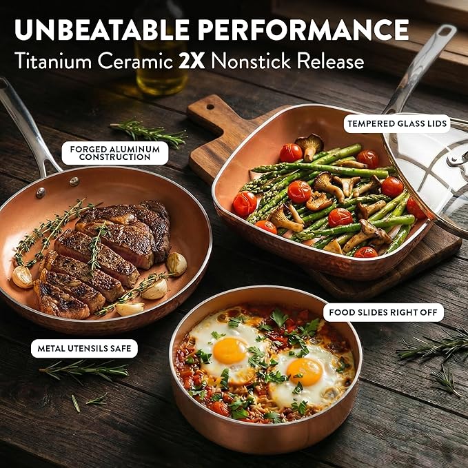 Gotham Steel Hammered 20 Pc Ceramic Cookware Set Nonstick, True Ceramic Pots and Pans Set Non Stick with Deep Square Pan Set & Bakeware Set, Non Toxic PFOA PFOS Free, Oven & Dishwasher Safe
