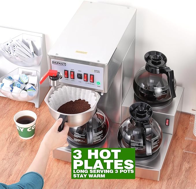 12 Cup Commercial Coffee Maker, Auto Filling Drip Coffee Maker Machine with 3 Glass Carafes 3 Warmers, Stainless Steel Pour Over Coffee Brewer with Hot Water Supply for Restaurant Office Cafe