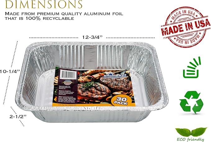 EHOMEA2Z 9x13 Disposable Aluminum Pans (30 Pack) – Made in USA Half Size Steam Table Pans, 13x9 Foil Baking Trays for Lasagna, Casseroles, Catering, Parties, BBQ, Crawfish Trays