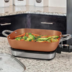 MegaChef Electric Fry Pan with Copper Non-Stick Coating, Tempered Glass Lid & Adjustable Temperature Control, Versatile Small Kitchen Appliance (11.81 Inch Fry Pan)