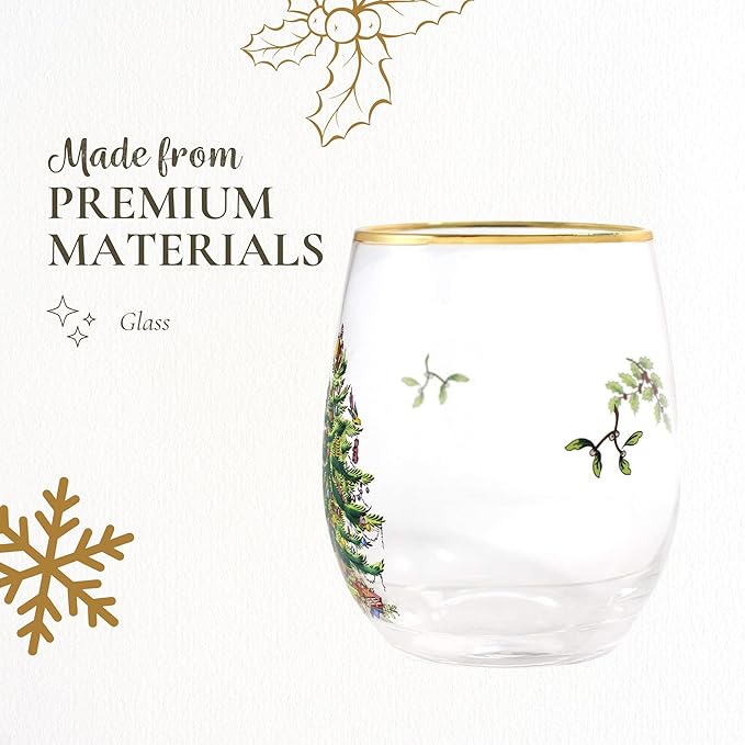Spode Christmas Tree 19oz Stemless Wine Glasses, Set of 4 - Vintage-Inspired Holiday Drinkware with Cozy Seasonal Charm, Ideal for Mulled Wine at Festive Gatherings & Holiday Entertaining