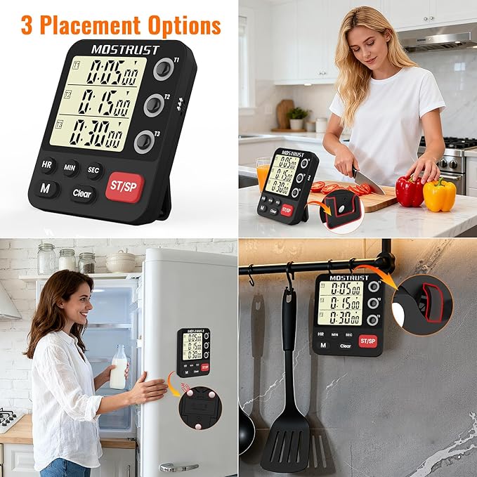 Digital Dual Kitchen Timer, 3 Channels Triple Countdown Timer for Cooking, Magnetic Memory-Preset Large Display Adjustable Volume, Multi Time Management, 3A Battery Included, Black