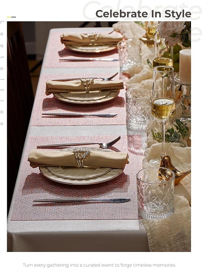 Leetaltree Luxury Pink Iridescent Placemats Set of 12 - Waterproof Washable for Wedding, Anniversary, Festive and Daily Use - Sparkling Table Mats Table Decor - Hand-Cut
