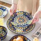 vancasso 12 Pieces Dinnerware Sets, Blue Plates and Bowls Set, Porcelain Dishes Set for 4, Microwave and Dishwasher Safe, Scratch Resistant, Bohemian Style Dining Ware Service for 4, Series SIMI