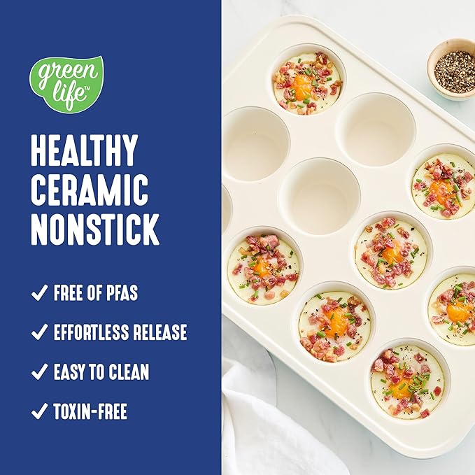 GreenLife 12-Cup Muffin Pan, PFAS-Free Healthy Nonstick Baking Tray, 11.4" x 1.9" x 15.9", Durable Ceramic Bakeware, Cupcakes, Egg Bites, Tarts, Brownies, Blue