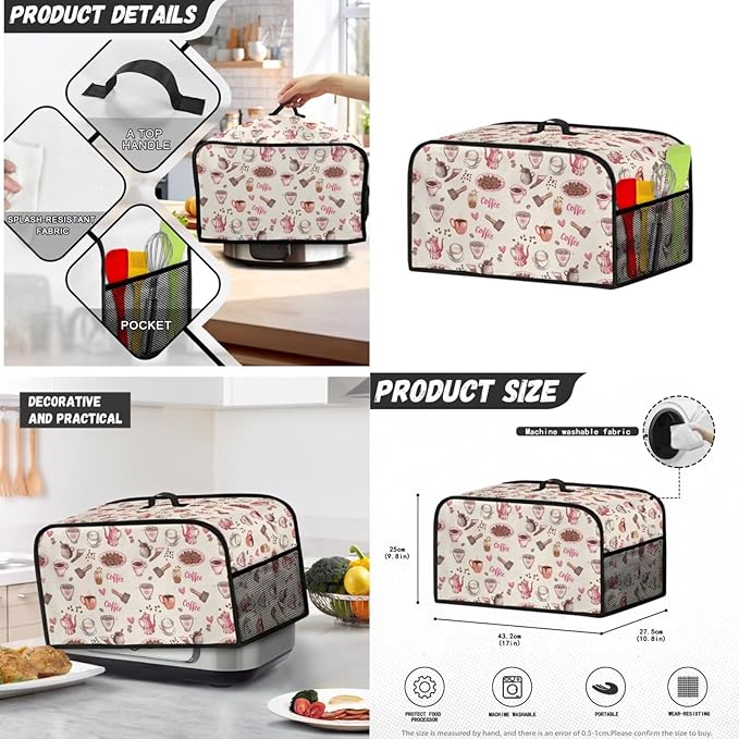 Pink Coffee Theme Kitchen Appliance Covers Set Toaster Cover 2 Slice Food Processor Hood Crock Pot Dust Cover with Side Pockets Machine Washable 3PCS