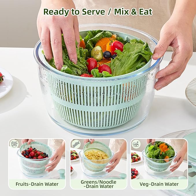 Borosilicate Glass Large Salad Spinner & Vegetable Washer - 5.2 Quart BPA-Free Dehydrator with Handle Includes 5 Chopping Blades Slicer, Drain Bowl Dishwasher Safe - Perfect for Lettuce Fruit Veggies