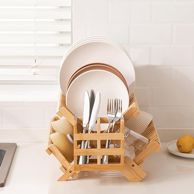 HBlife Bamboo Dish Drying Rack with Utensils Flatware Holder Set, 3-Tier Large Folding Drying Holder for Kitchen Counter, Collapsible Drainer