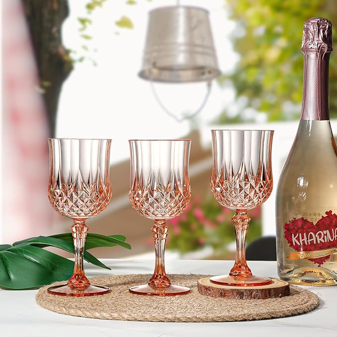 XUWAIDSGN 24 Pcs 7oz Plastic Vintage Wine Glasses Drinking Glasses Unbreakable Wedding Glassware Crystal Water Goblets Reusable Drinkware Vintage Champagne Flutes (24, Pink)