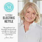 Martha Stewart  Electric Kettle with Removable Stainless Steel Tea Infuser, Glass Carafe 1.7L (7 Cups), Hot Water Boiler, 4 Presets, Keep Warm & Auto Shut-Off, Cordless 360° Swivel Base, Linen White